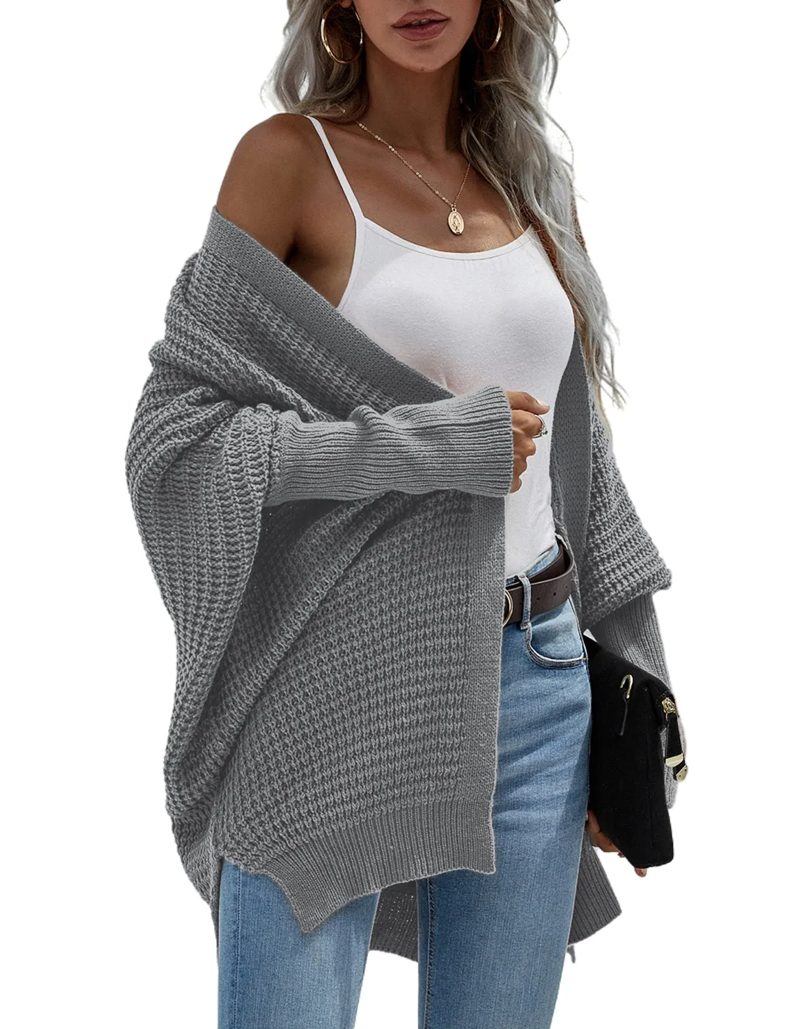 iB-iP Women's Oversize Cardigan Sweater Loose Casual Batwing Sleeves Fashion Top