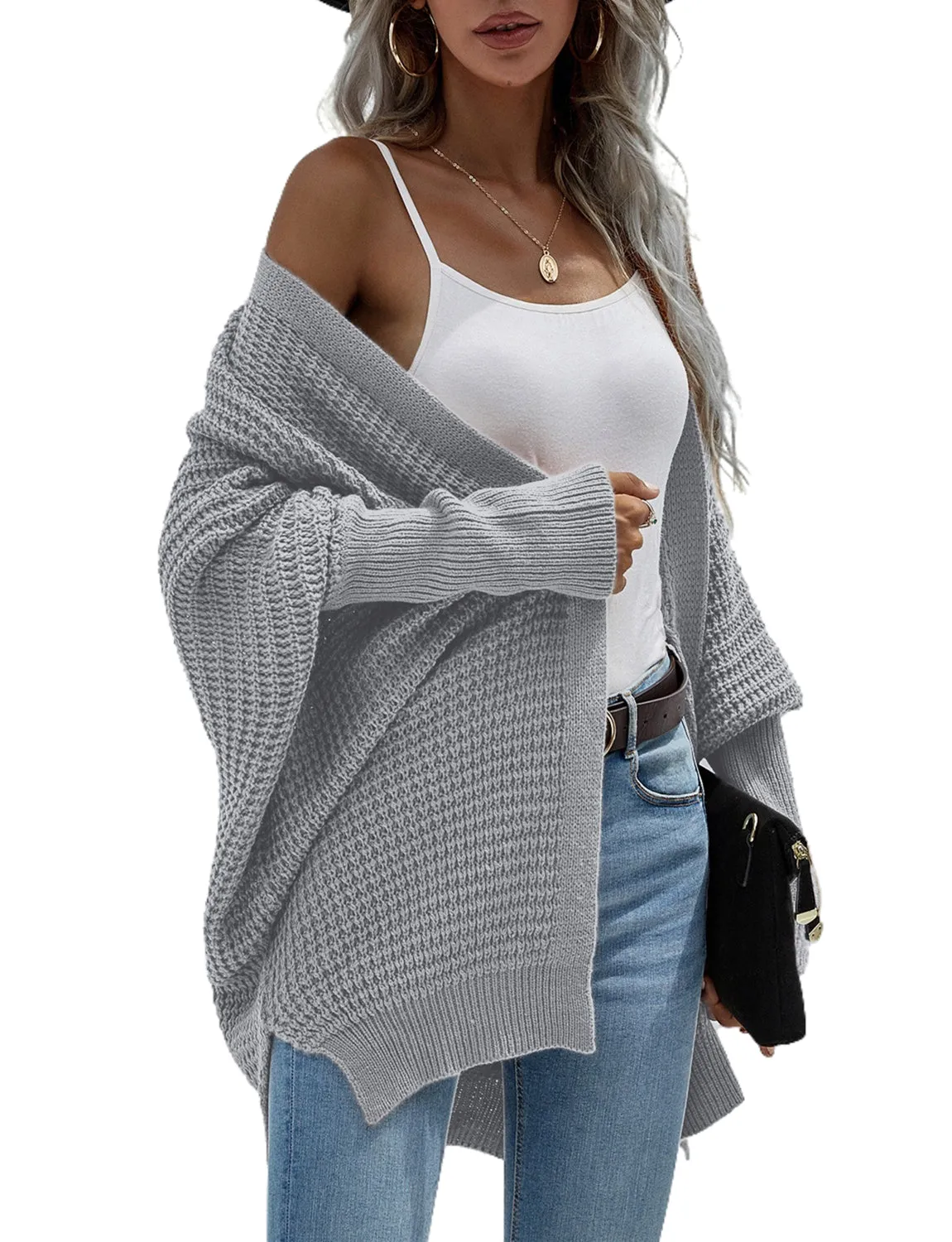 iB-iP Women's Oversize Cardigan Sweater Loose Casual Batwing Sleeves Fashion Top