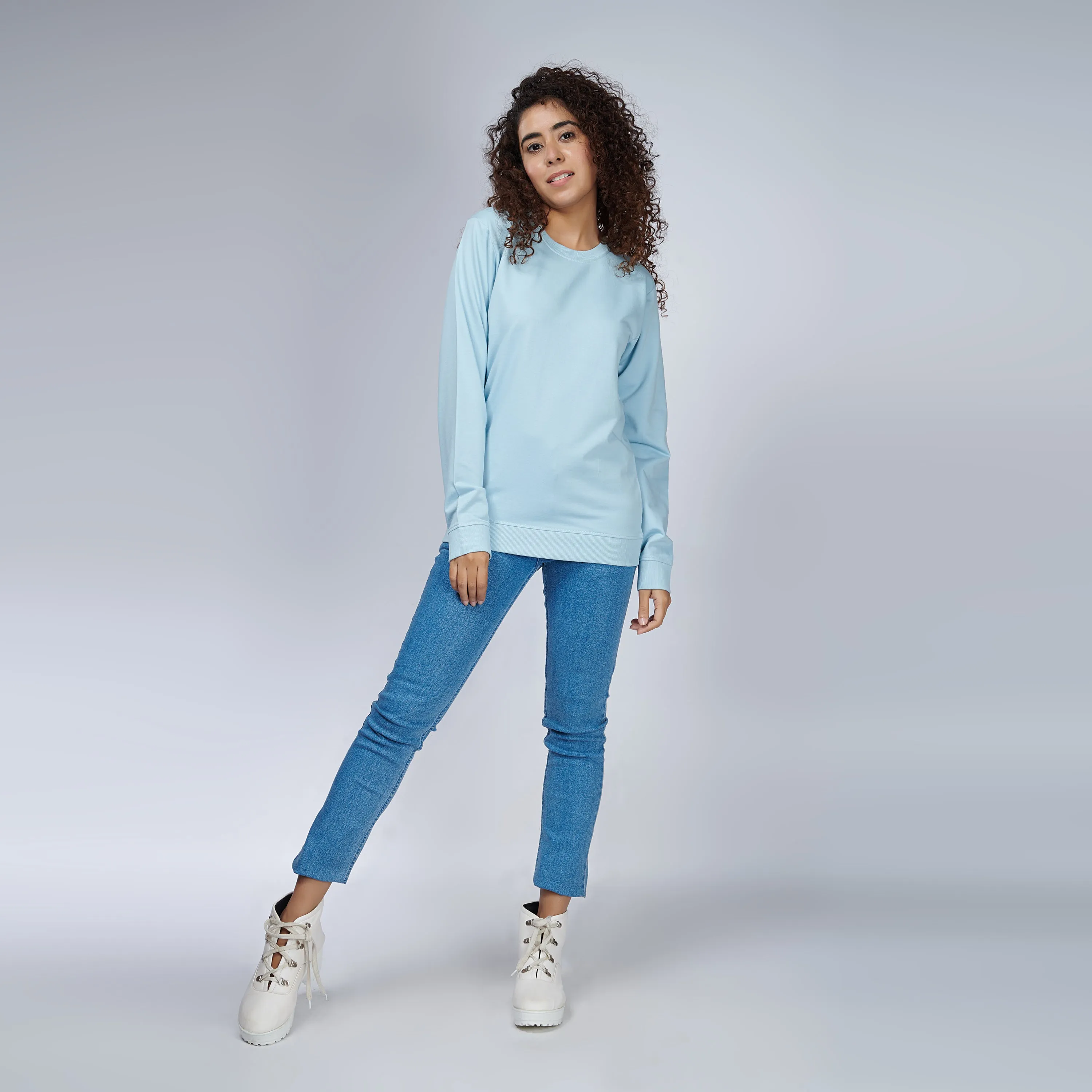 Icy Blue Crew Neck Sweatshirt for Women