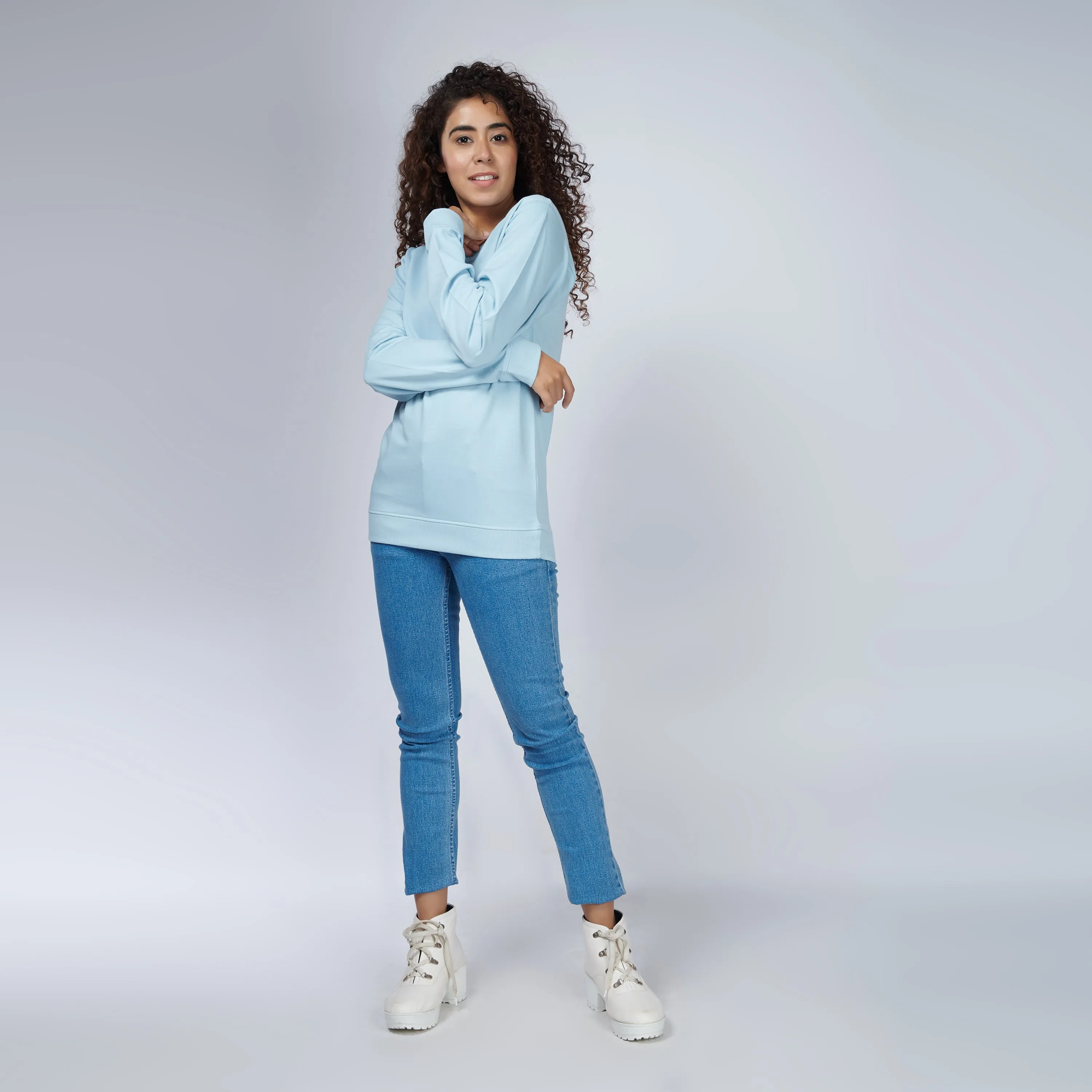 Icy Blue Crew Neck Sweatshirt for Women