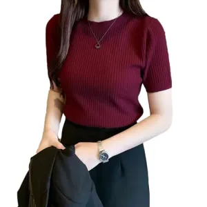 Istyle Can Plain Maroon Round Neck Rib Knit Regular Top for Women (Medium, Maroon)