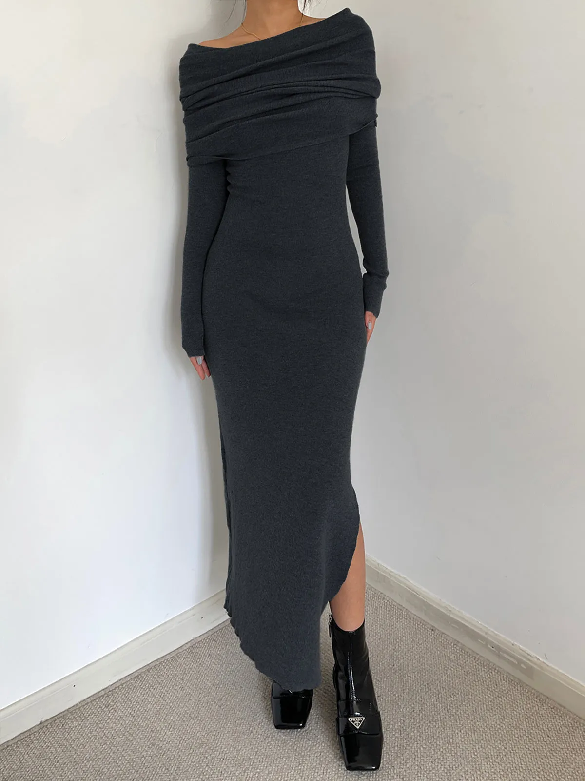 Knit Split Overfold Trendy Sweater Midi Dress