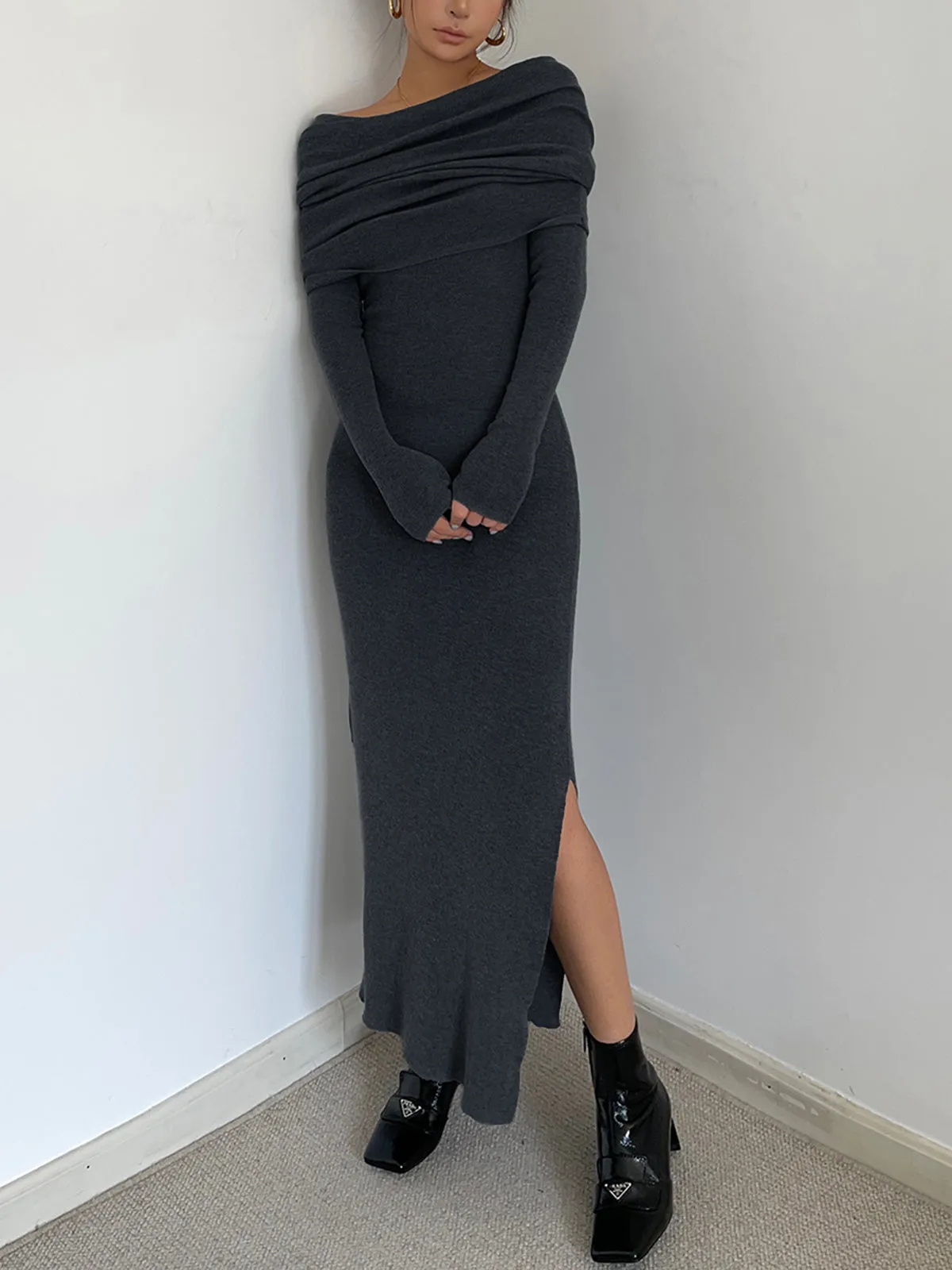 Knit Split Overfold Trendy Sweater Midi Dress