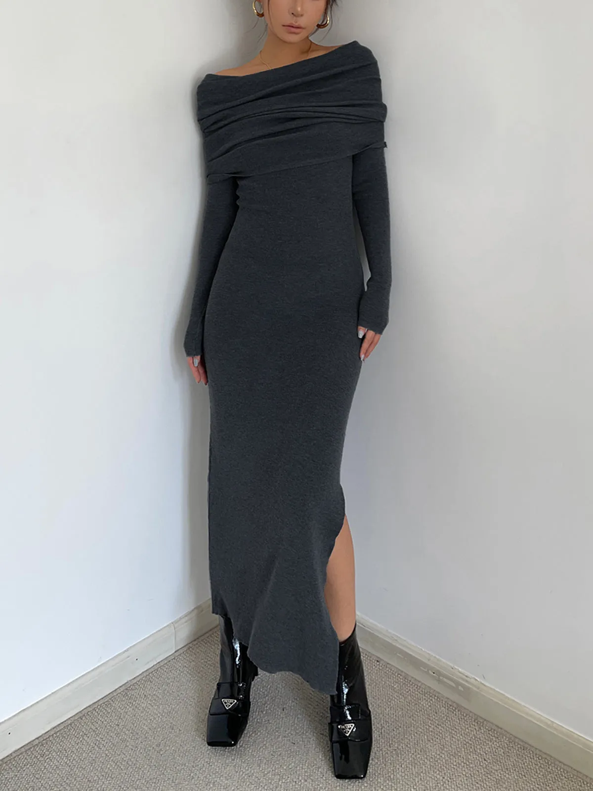 Knit Split Overfold Trendy Sweater Midi Dress