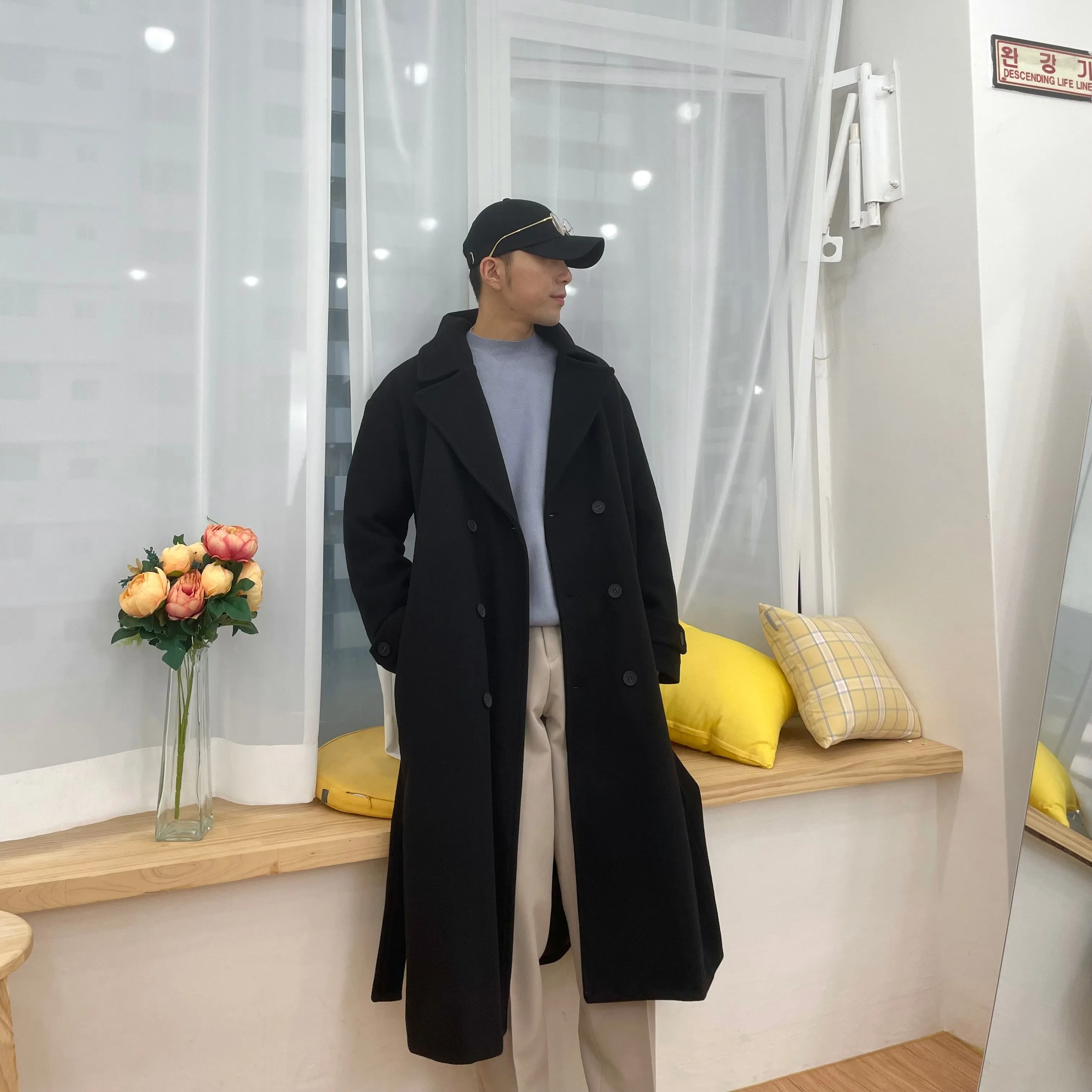 [Korean Style] Black Soline Wool Double Coat