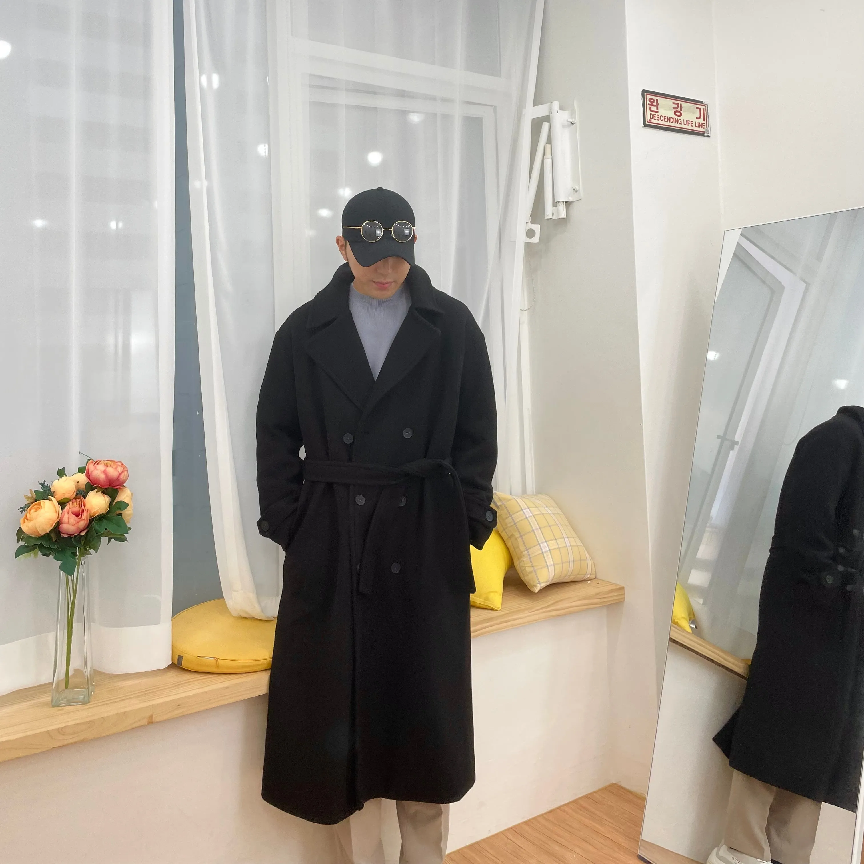 [Korean Style] Black Soline Wool Double Coat