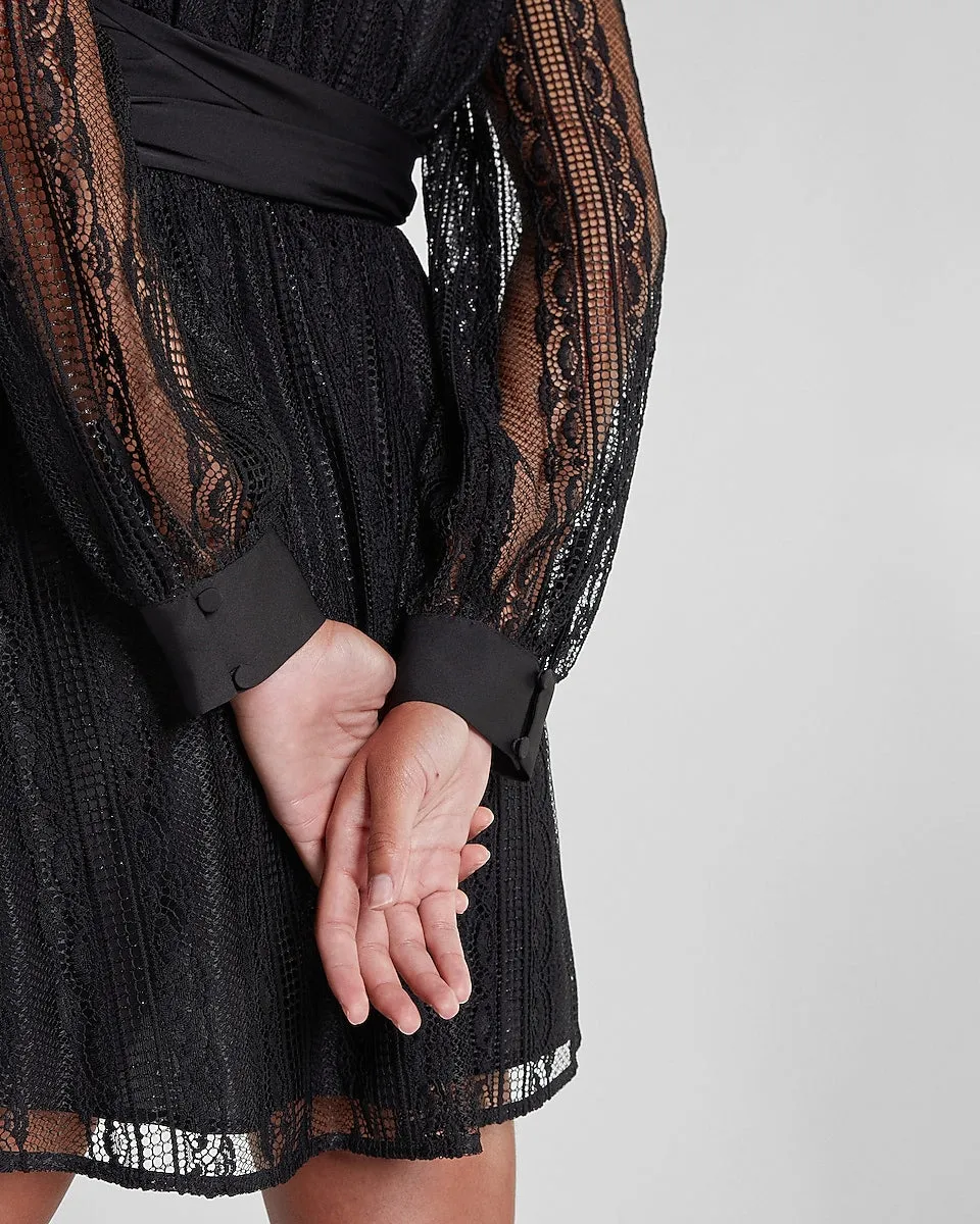 Lace Tie Waist Long Sleeve Mini Dress in Pitch Black