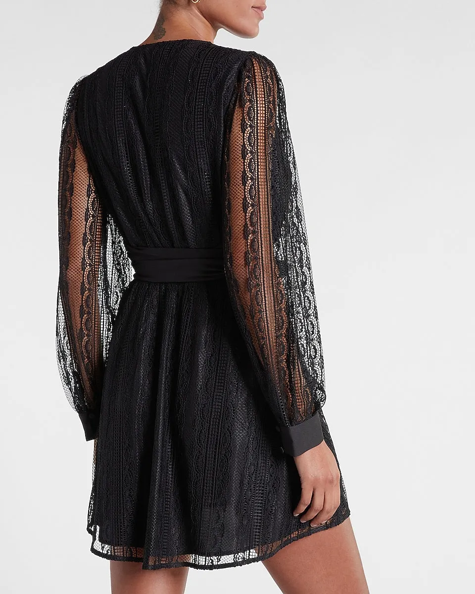 Lace Tie Waist Long Sleeve Mini Dress in Pitch Black