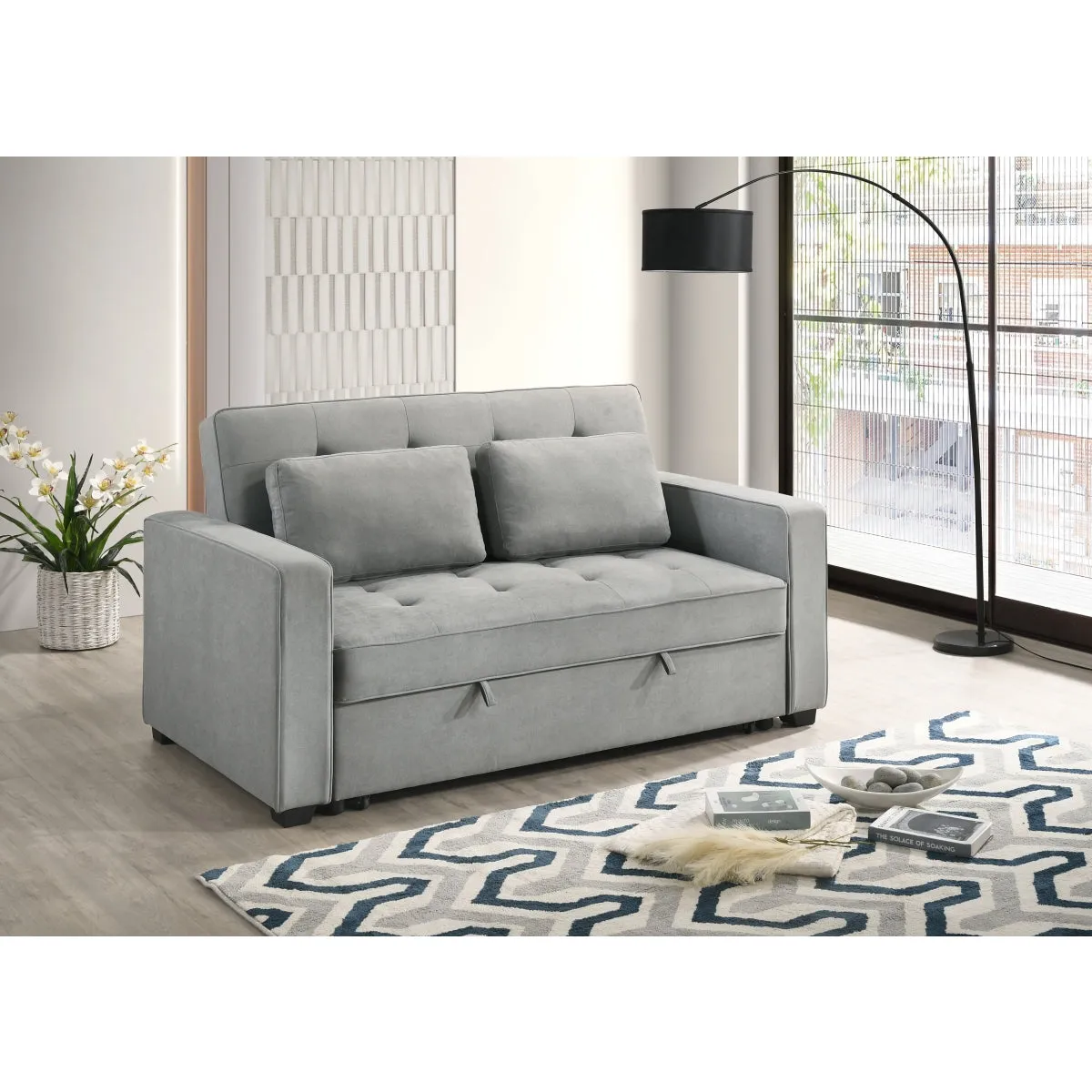 Light Grey Contemporary Sofa Bed with 2 Pillows