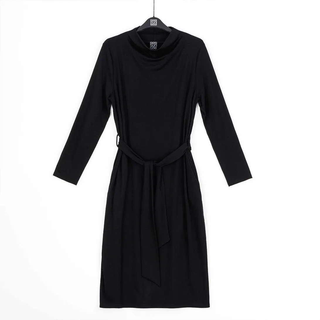 Lightweight Ponte - Tie Waist Pocket Midi Dress - Black - Final Sale!