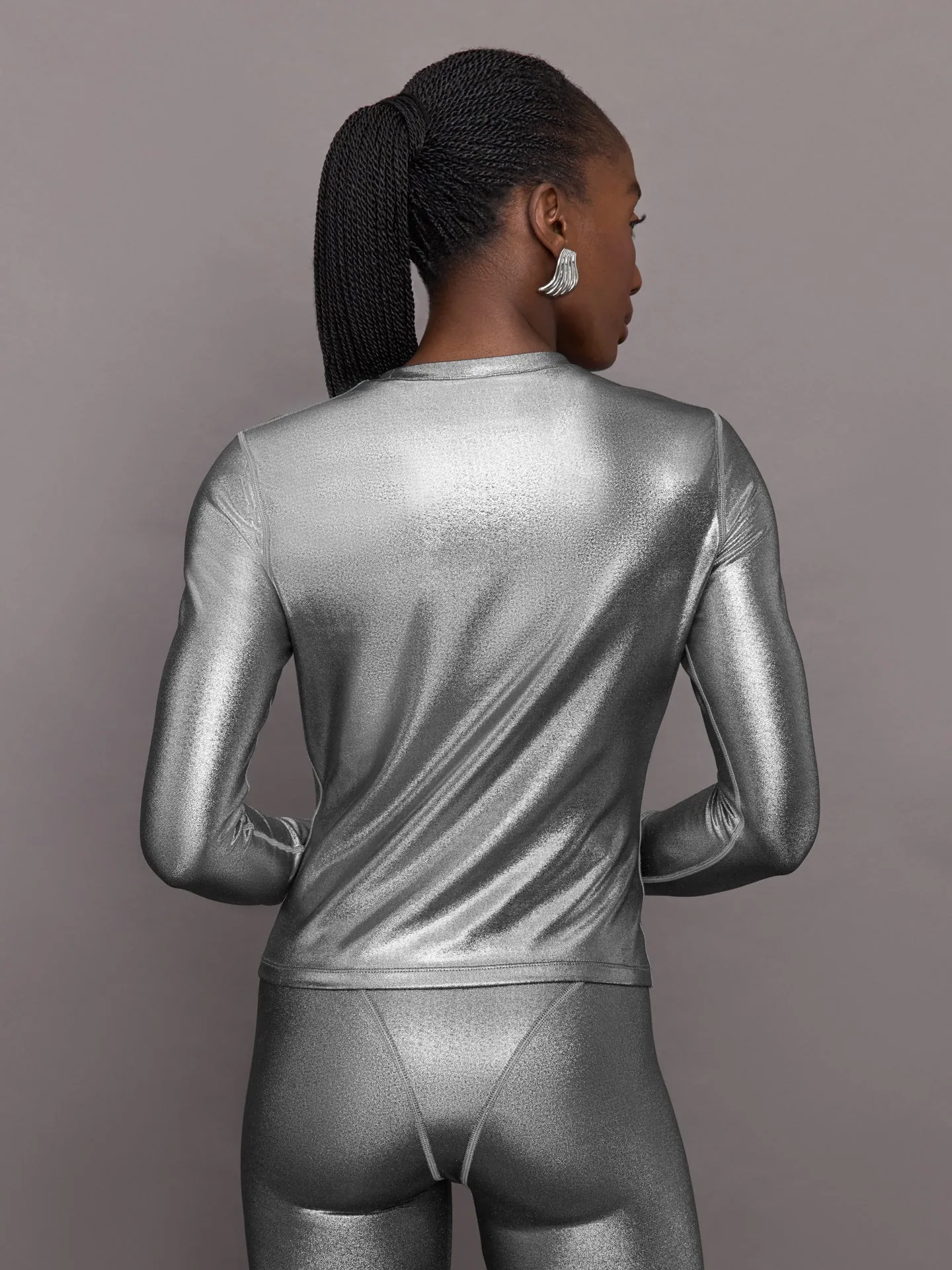 Liquid Metallic Long Sleeve Top - Metallic Silver