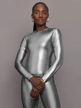 Liquid Metallic Long Sleeve Top - Metallic Silver