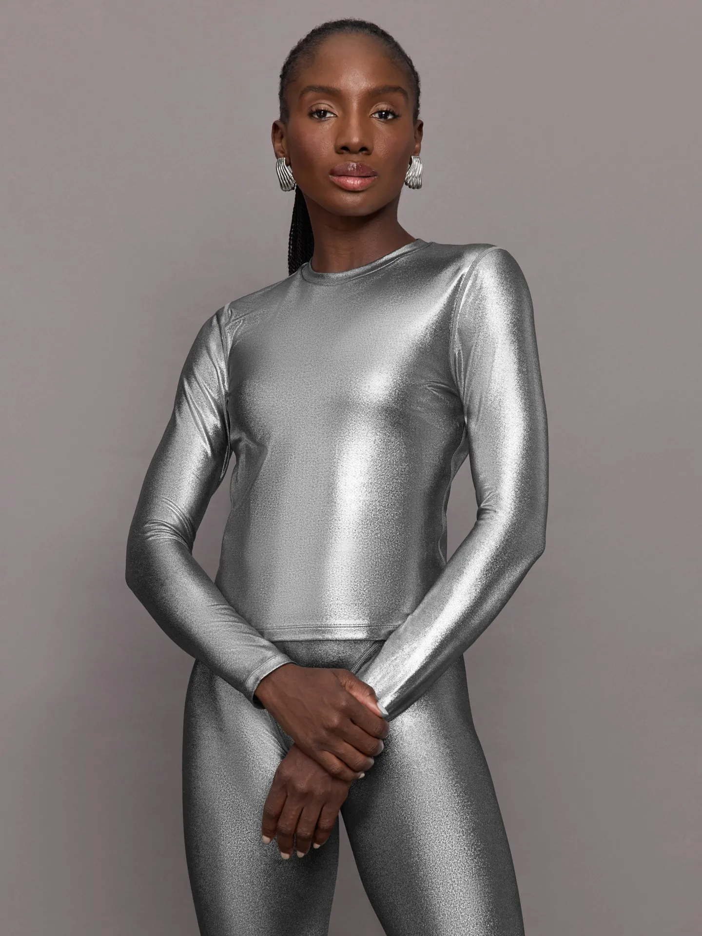 Liquid Metallic Long Sleeve Top - Metallic Silver