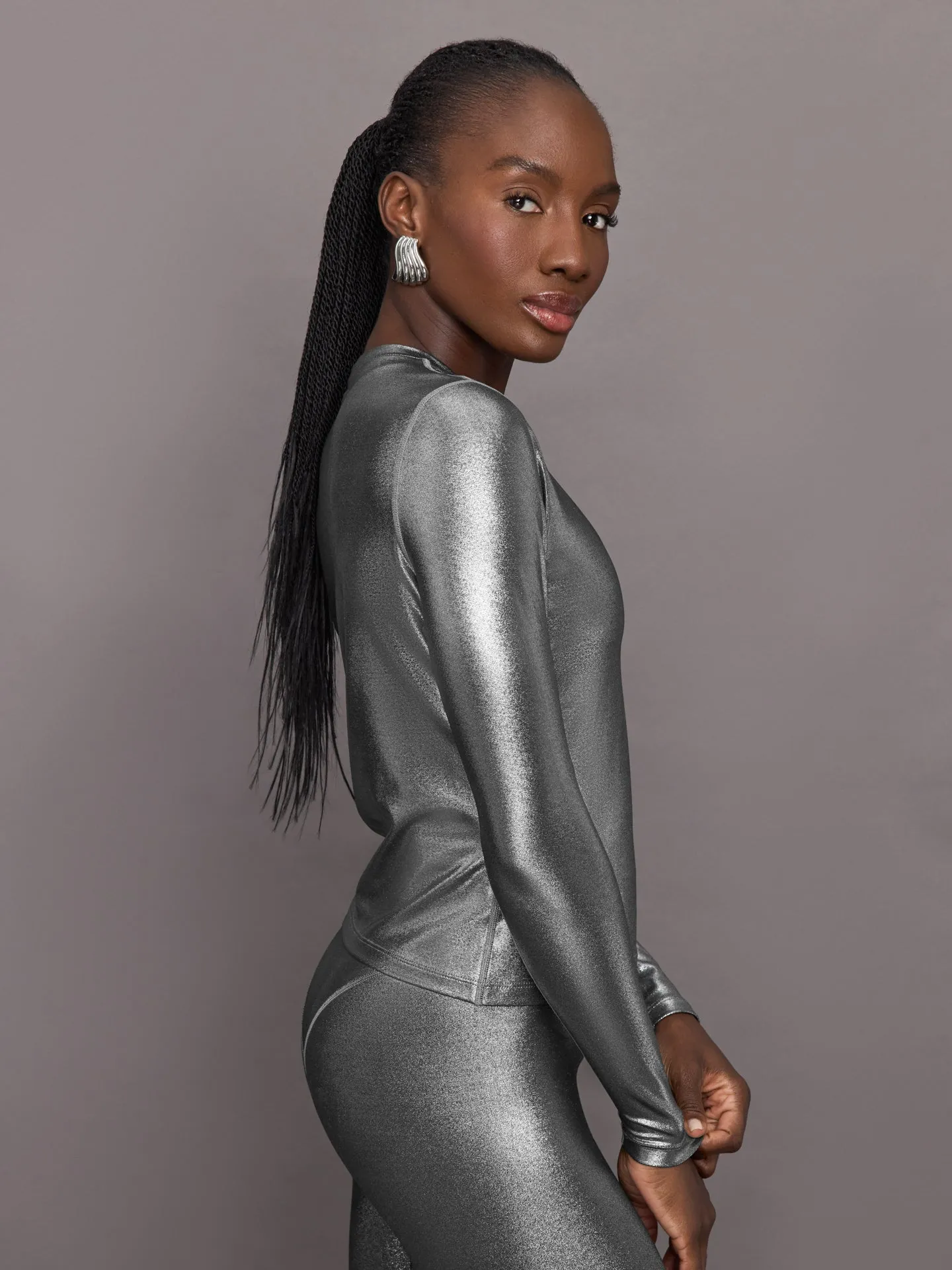 Liquid Metallic Long Sleeve Top - Metallic Silver