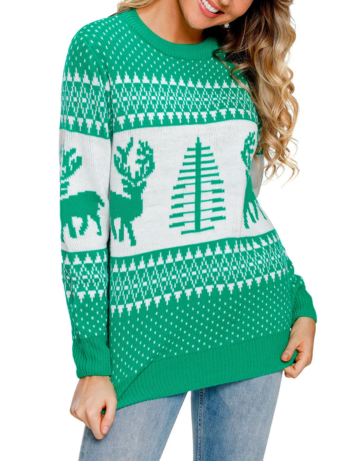 LookbookStore Women Ugly Christmas Tree Reindeer Holiday Knit Sweater Pullover