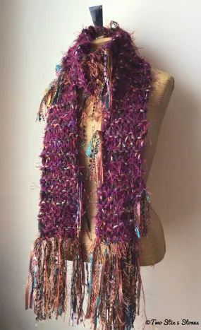 Luxe Wine & Copper Tweed Hand-Knit Scarf w/Fringe