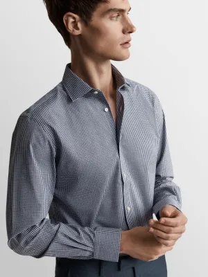 Max Performance Navy Blue Small Gingham Plain Weave Regular Fit Single Cuff Classic Collar Shirt