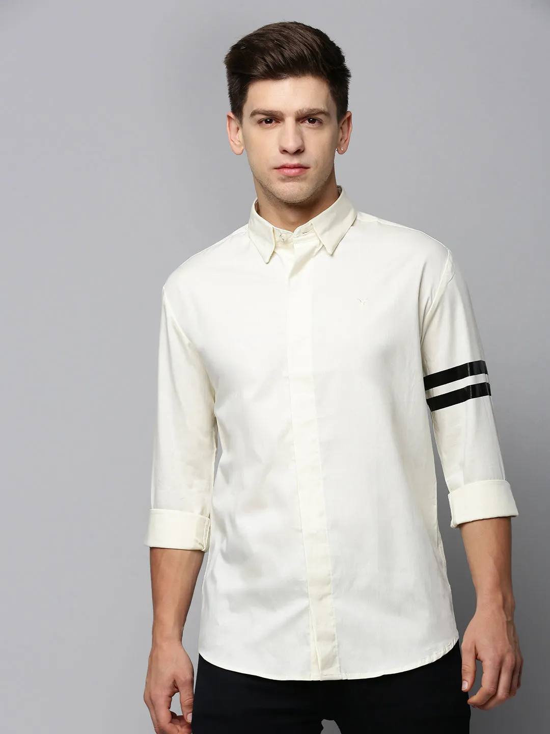 Men Cream Solid Casual Shirt