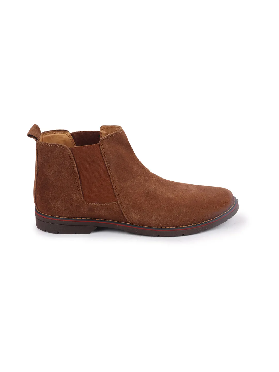 Men Tan Suede Leather Slip On Chelsea Boots