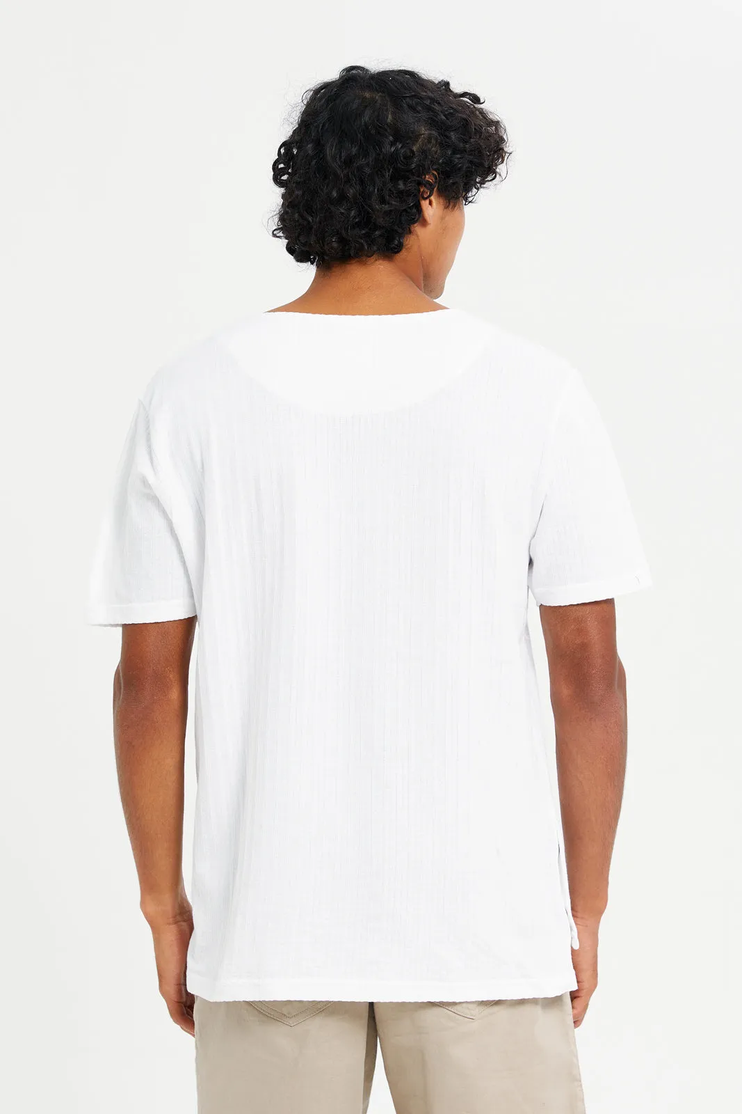 Men White Jacquard T-Shirt With Buttons