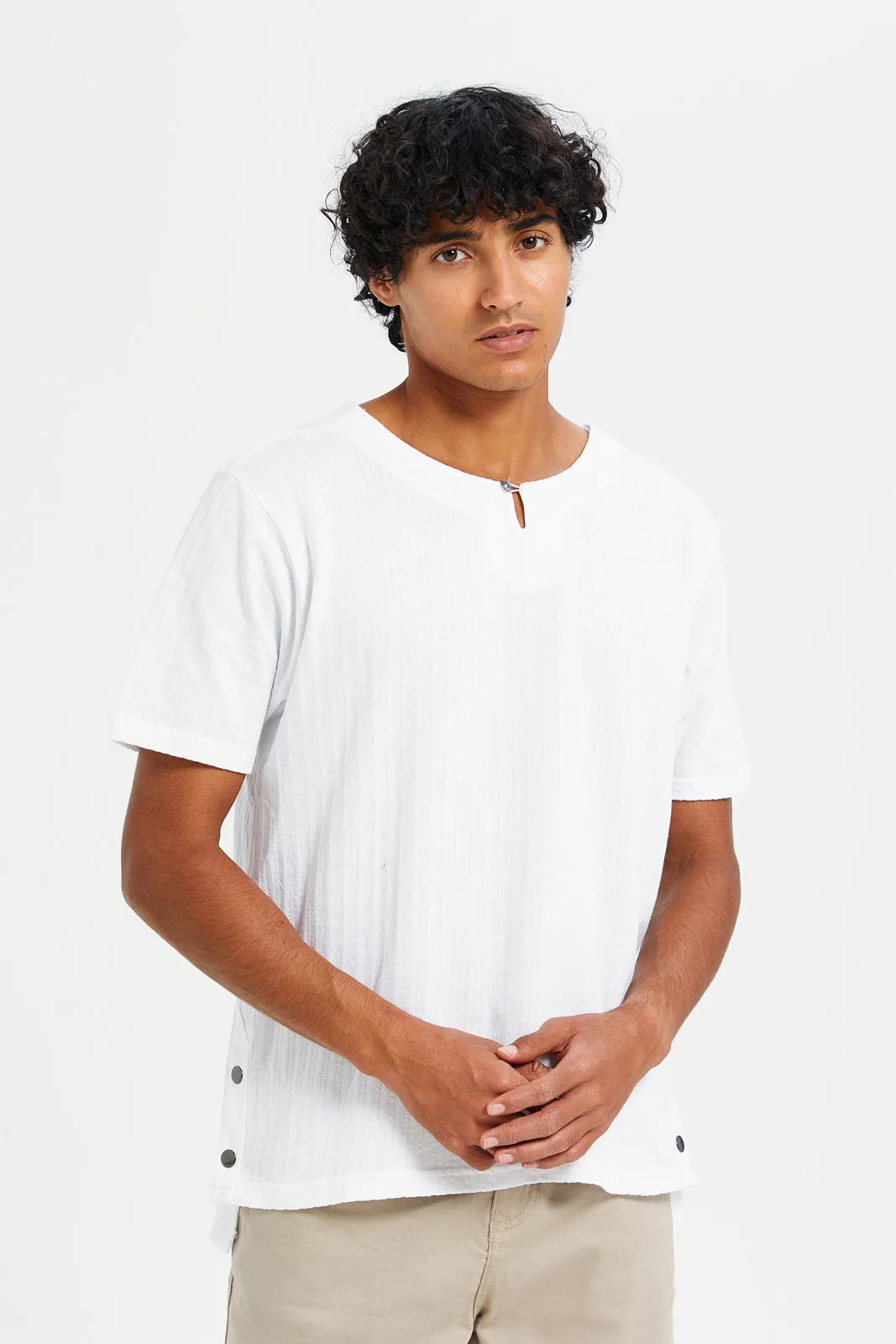 Men White Jacquard T-Shirt With Buttons