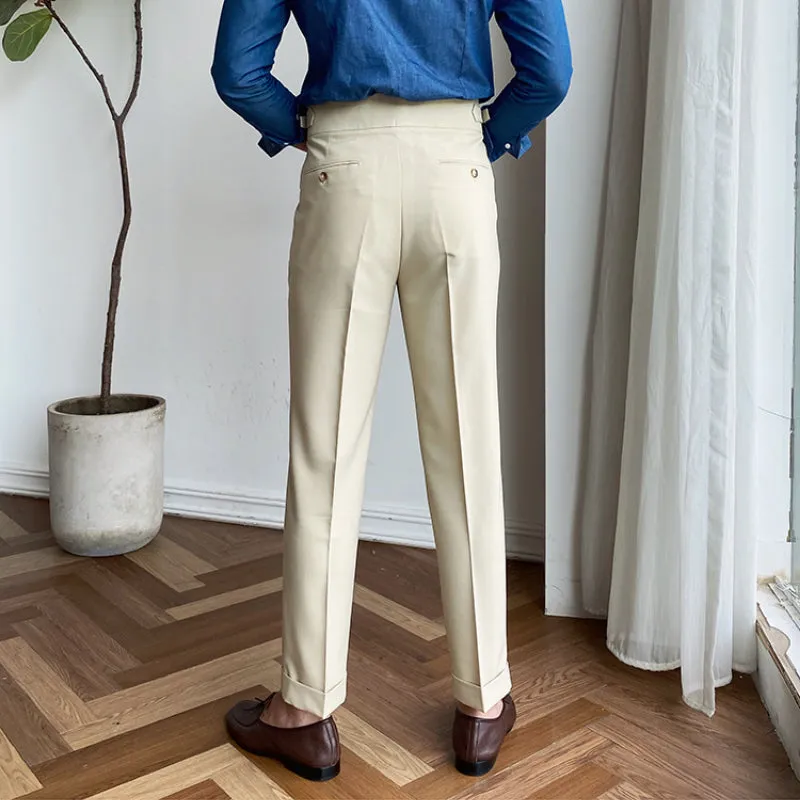 Men's British High Waist Pants Straight Leg Casual Non-Iron Business Trousers