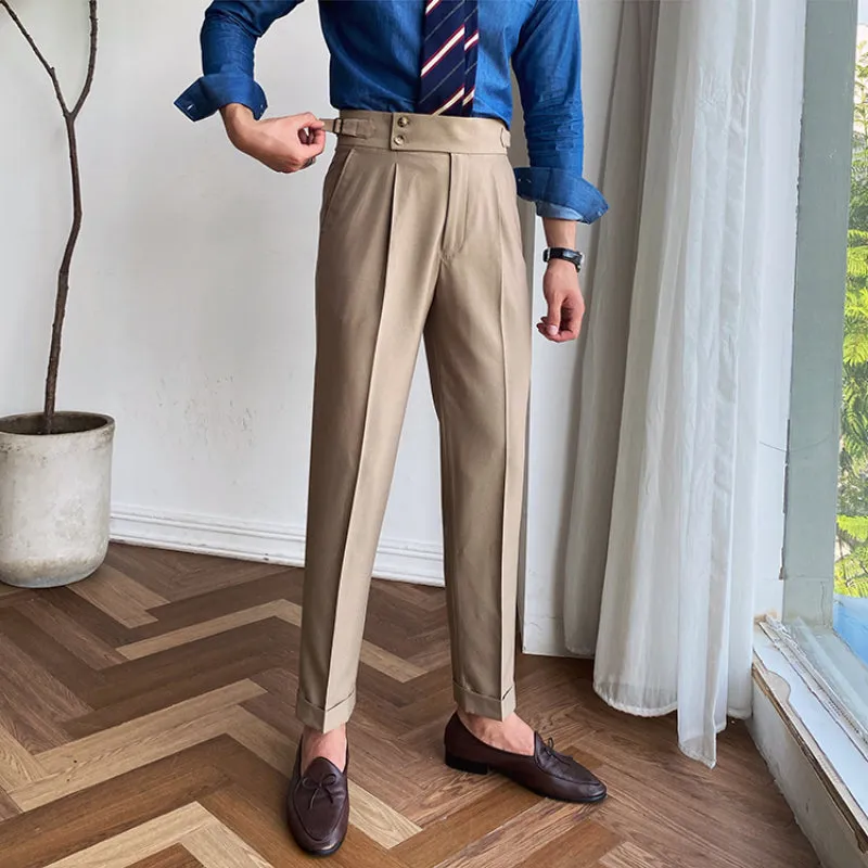 Men's British High Waist Pants Straight Leg Casual Non-Iron Business Trousers