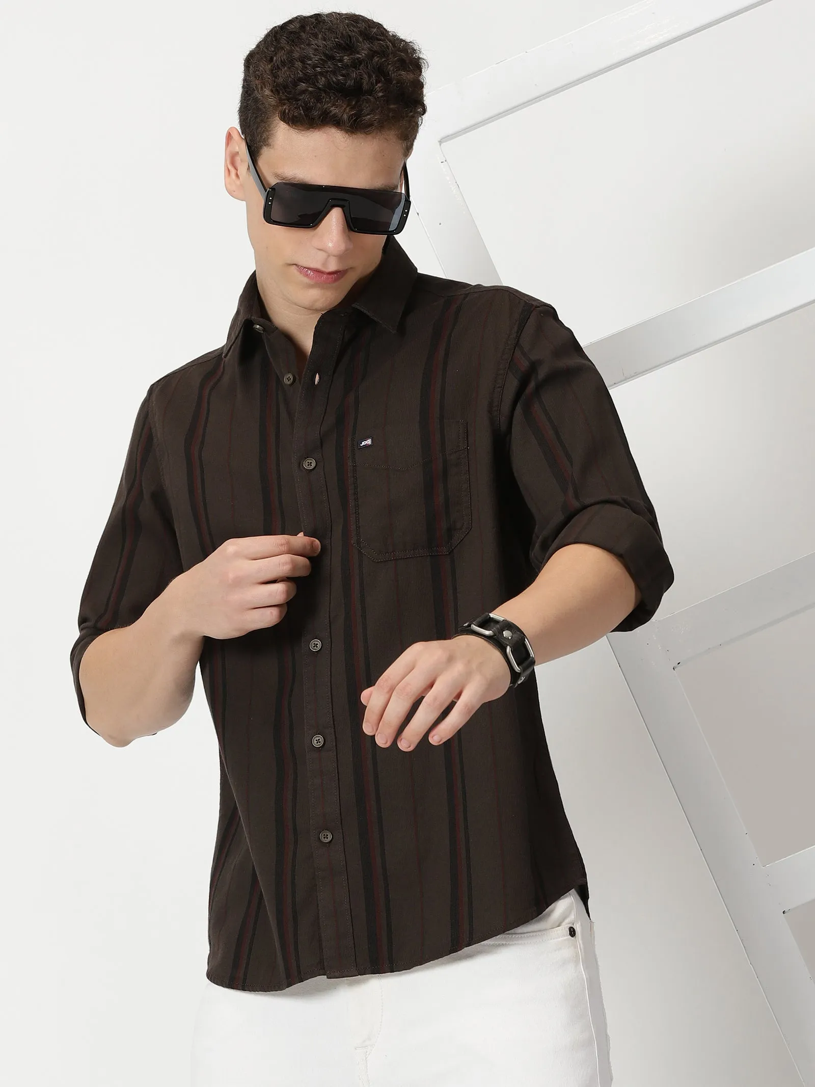 MEN'S COFFEE STRIPE SLIM FIT SHIRT