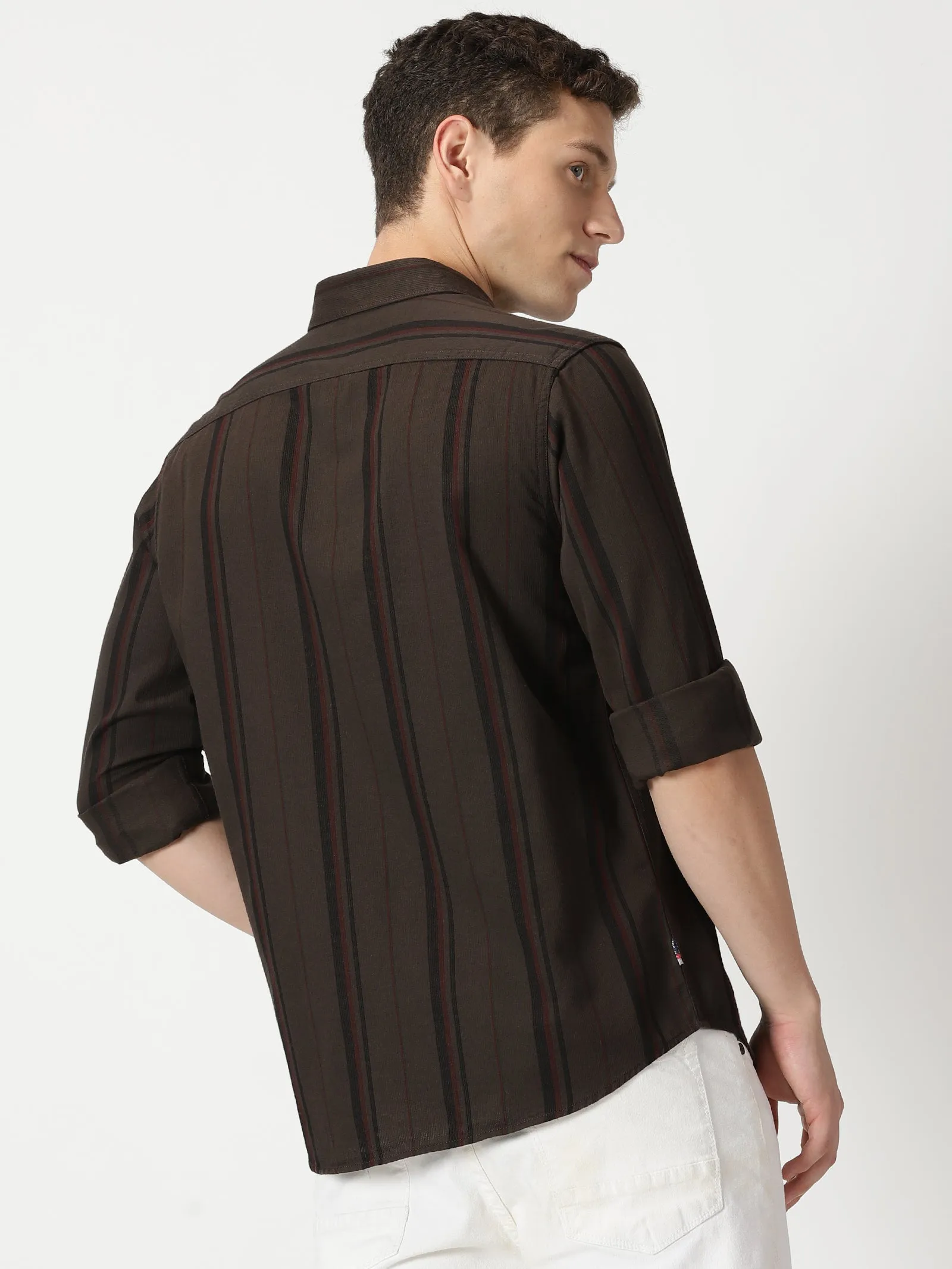 MEN'S COFFEE STRIPE SLIM FIT SHIRT