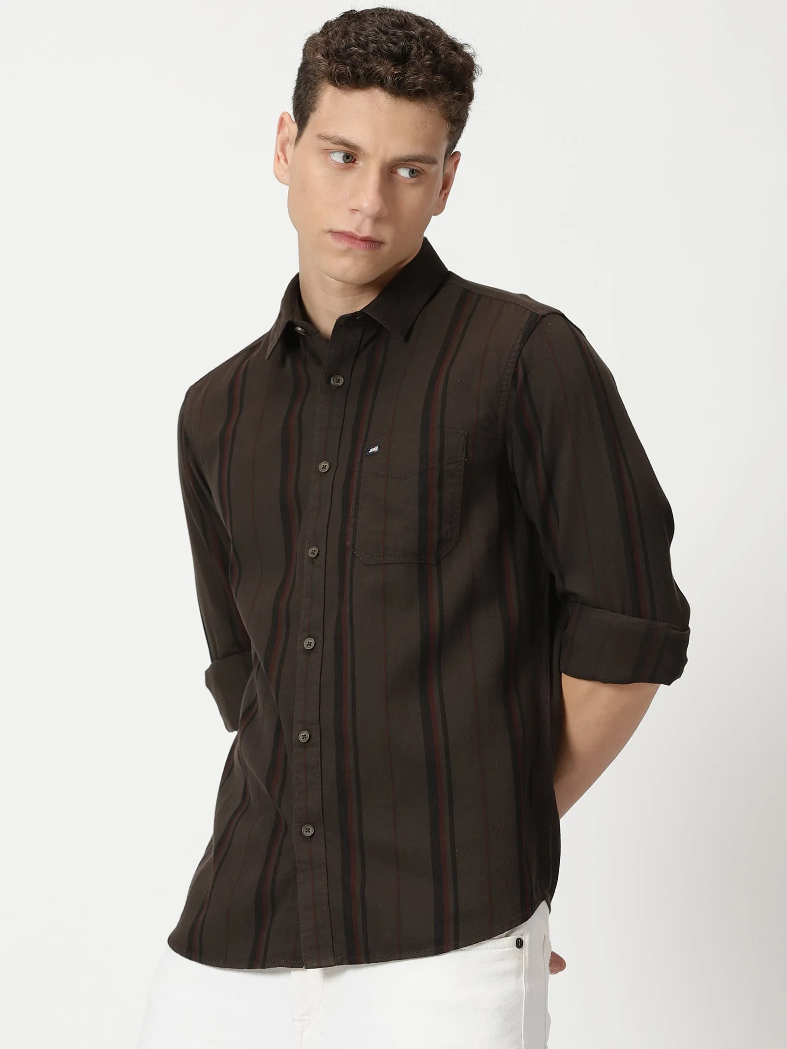 MEN'S COFFEE STRIPE SLIM FIT SHIRT