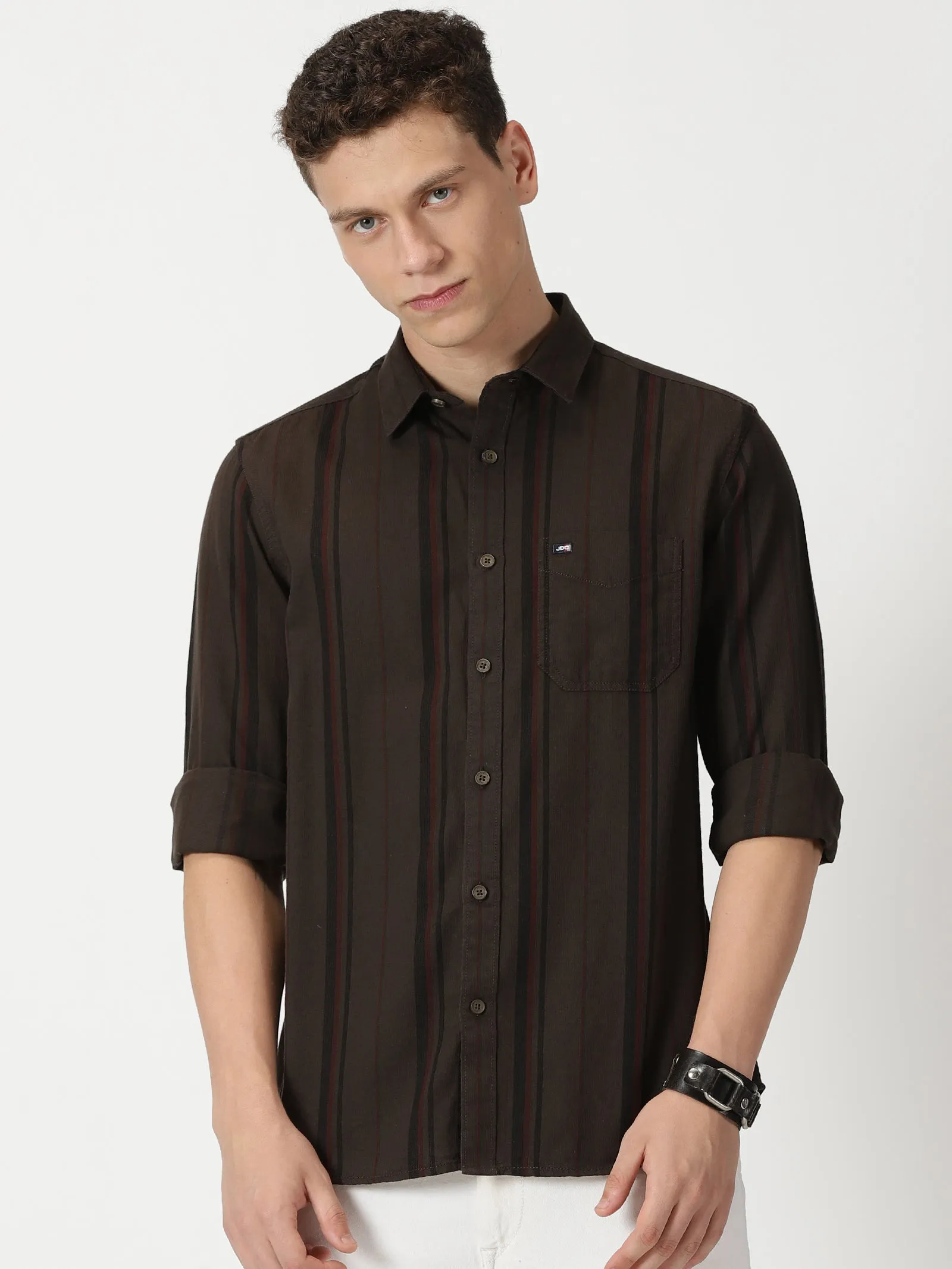 MEN'S COFFEE STRIPE SLIM FIT SHIRT