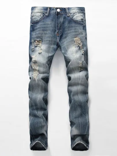 Men's Fashion Jeans Mid Waist Worn Hole Casual Slim Fit