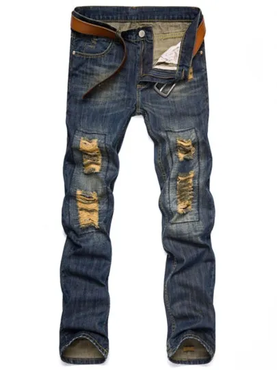 Men's Fashion Jeans Mid Waist Worn Hole Slim Fit