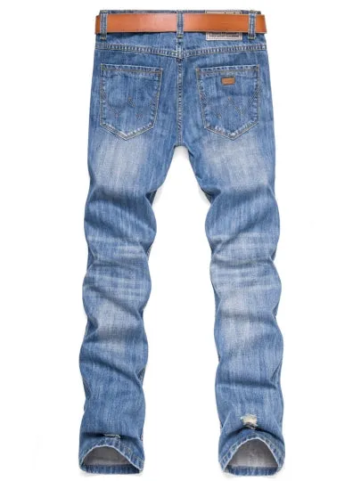 Men's Fashion Jeans Mid Waist Worn Hole Slim Fit