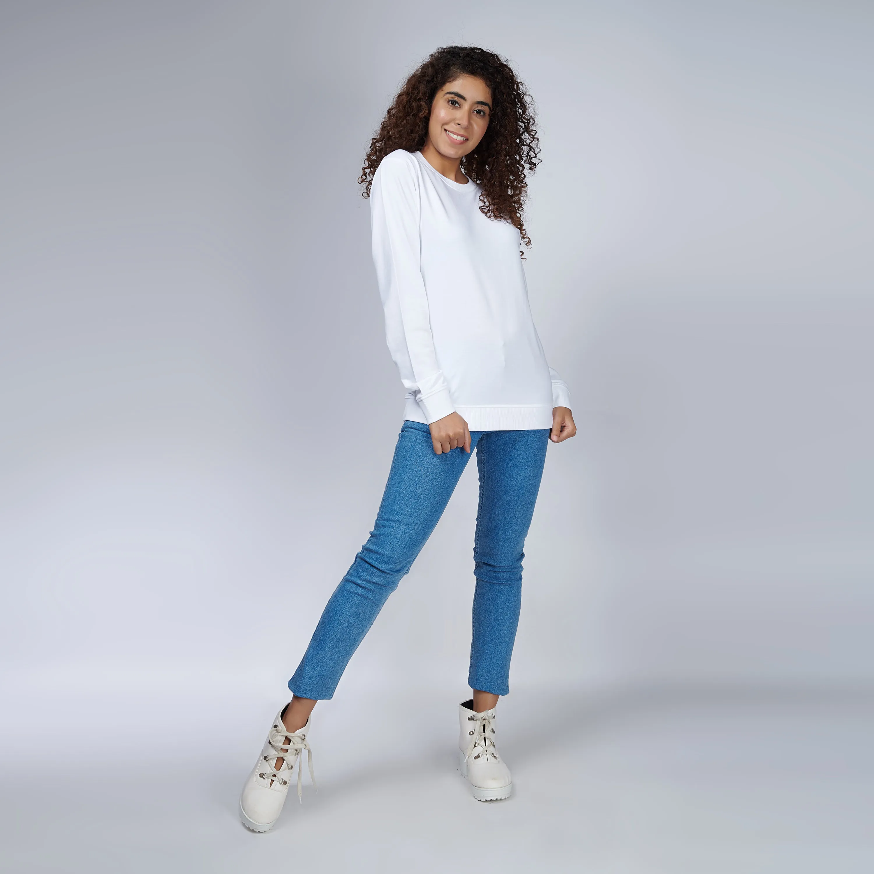 Milky White Crew Neck Sweatshirt for Women