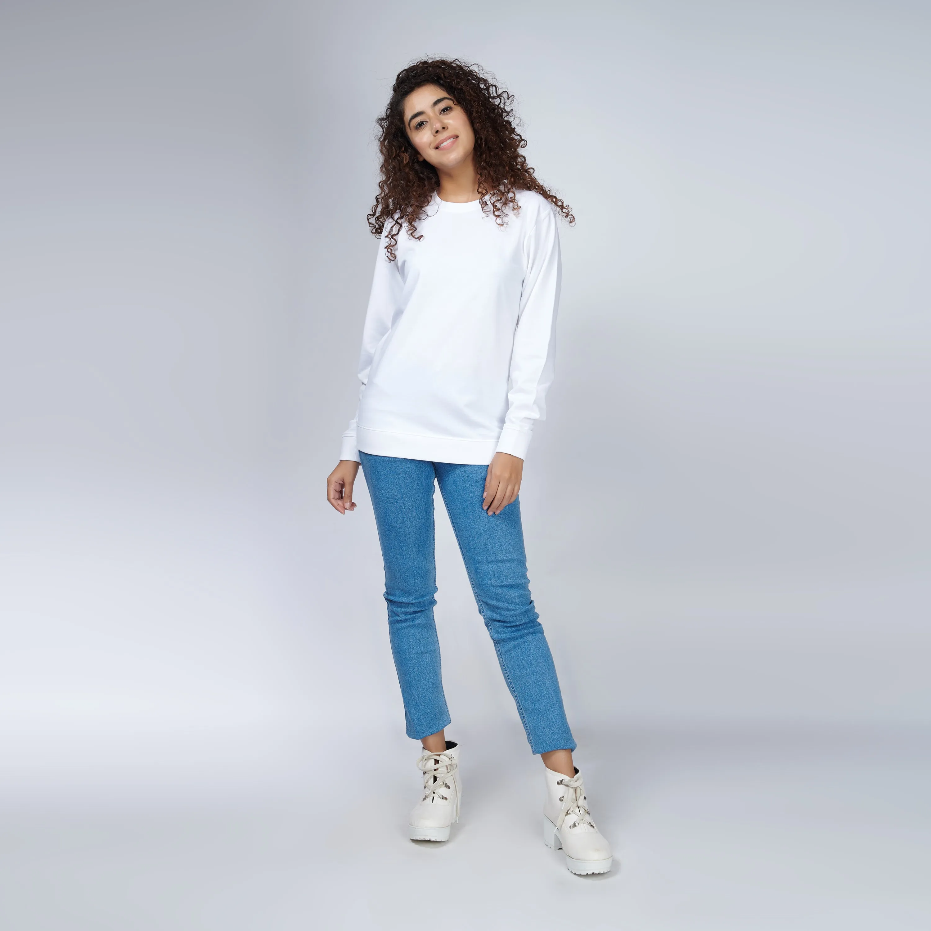 Milky White Crew Neck Sweatshirt for Women