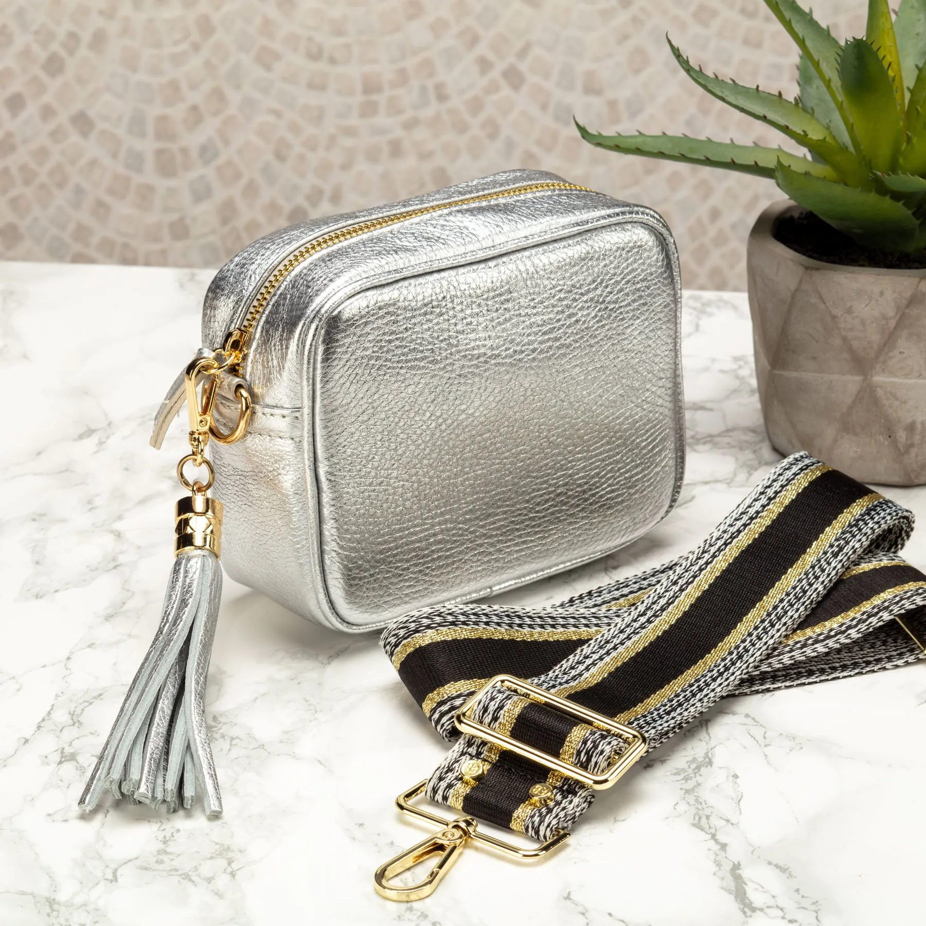 Mini Crossbody Silver (Metallic Black/Gold Strap)