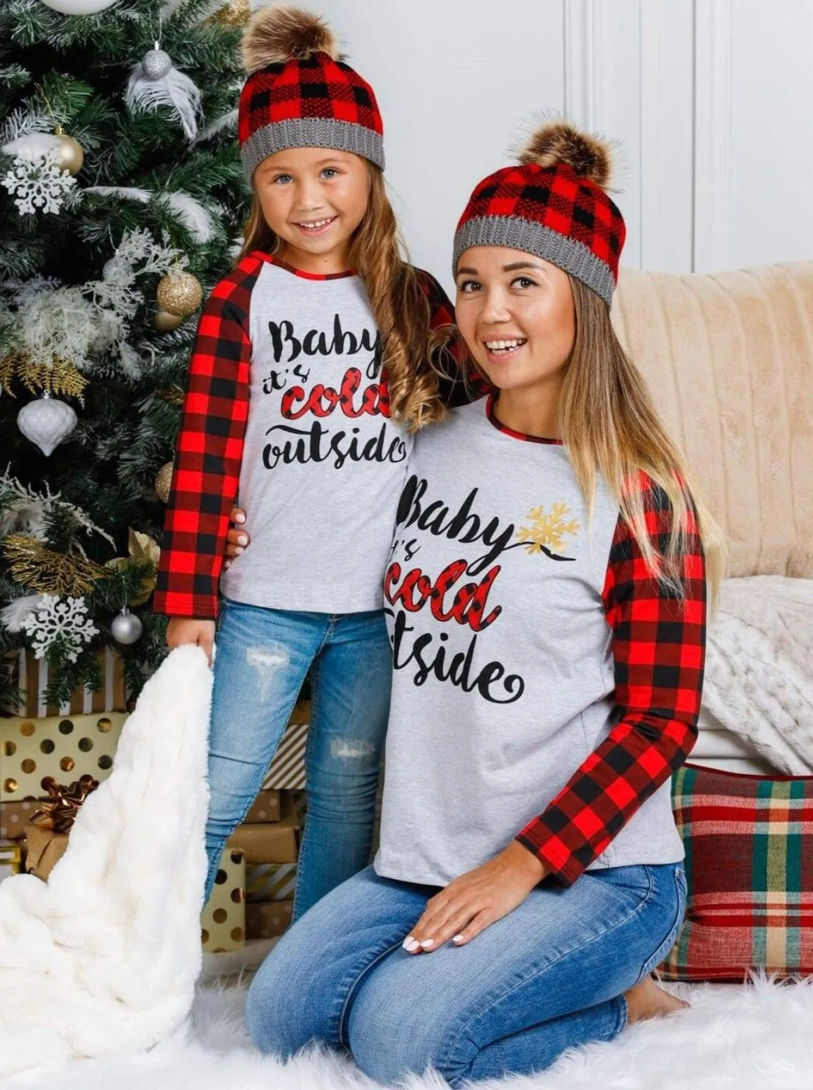 Mommy and Me Baby It's Cold Outside Plaid Raglan Top