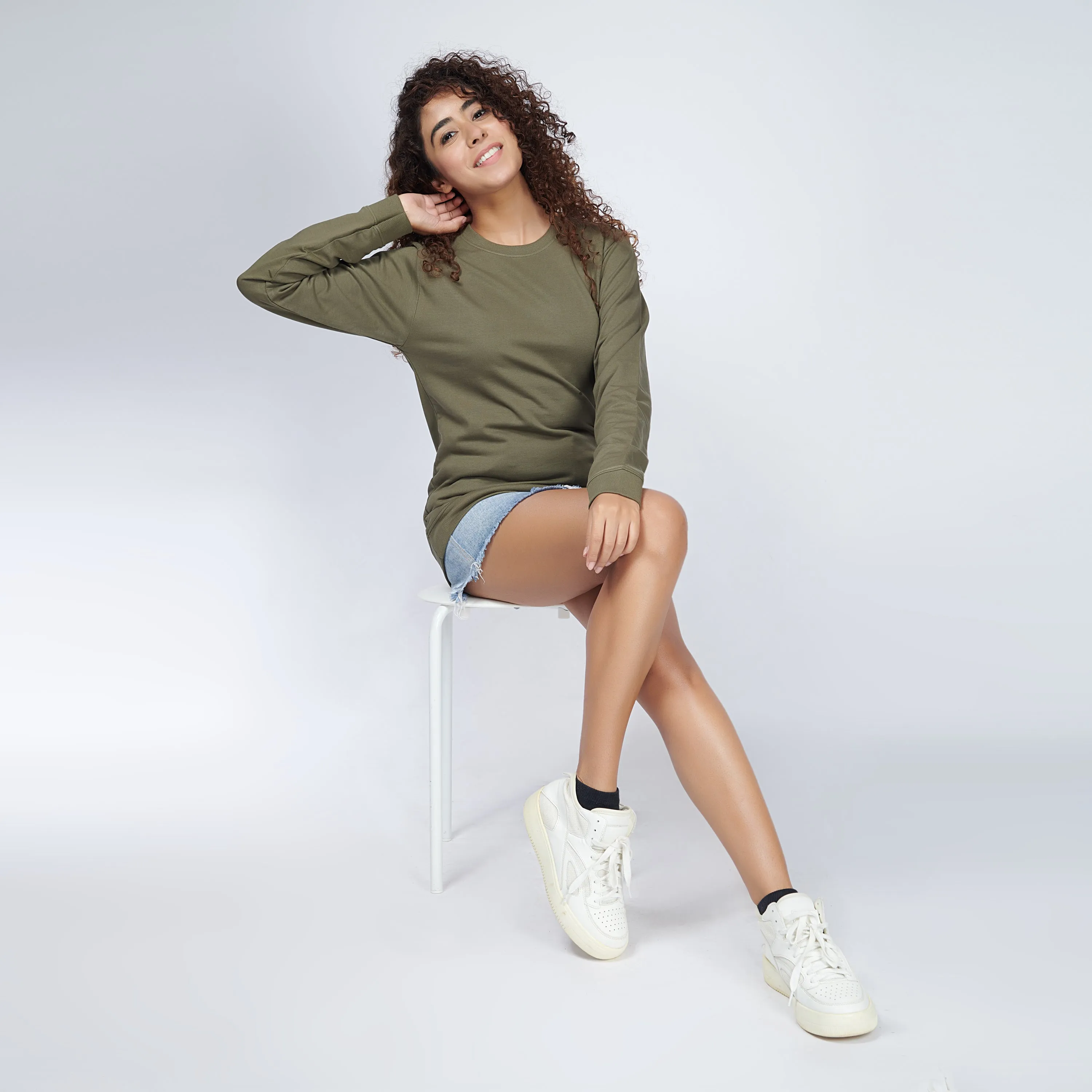 Moss Green Crew Neck Sweatshirt for Women