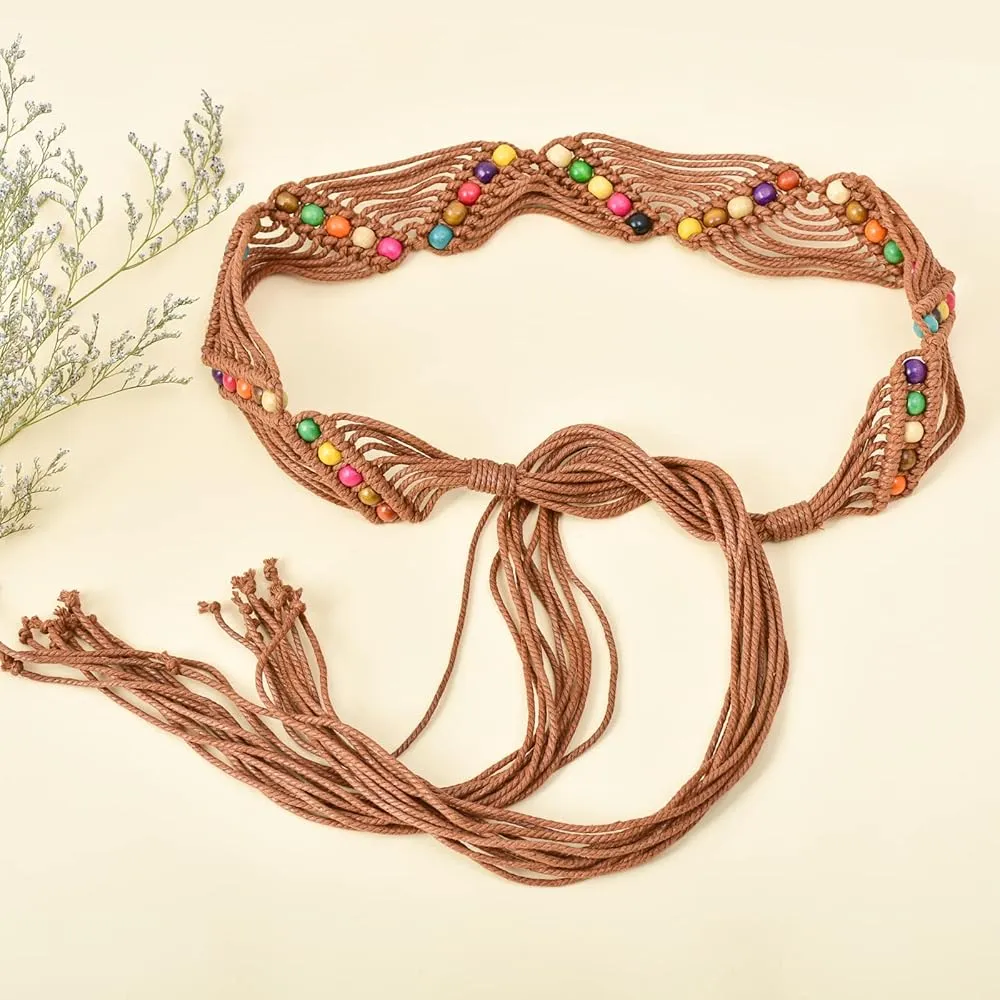 Multicolor beaded with caramel brown boho rope Macrame belt