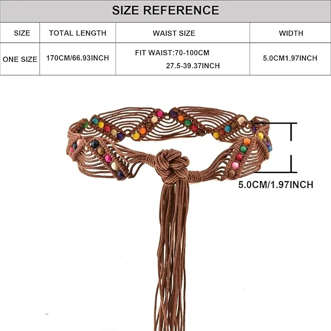 Multicolor beaded with caramel brown boho rope Macrame belt