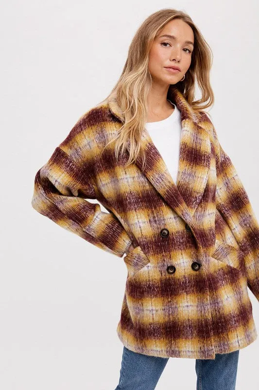 Mustard/Plum  Double Breasted Brushed Plaid Coat