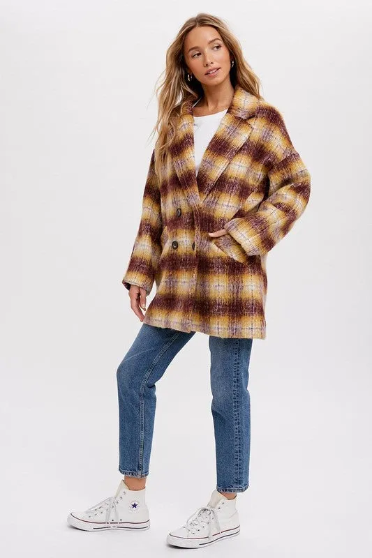 Mustard/Plum  Double Breasted Brushed Plaid Coat