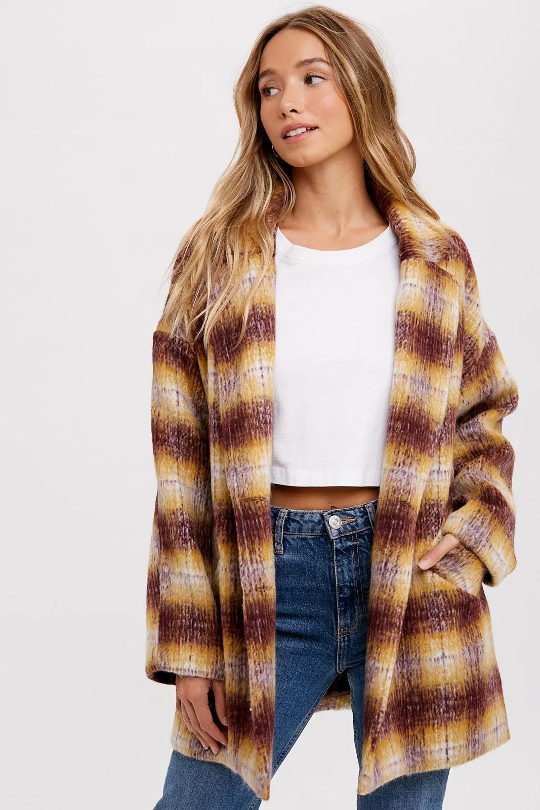 Mustard/Plum  Double Breasted Brushed Plaid Coat