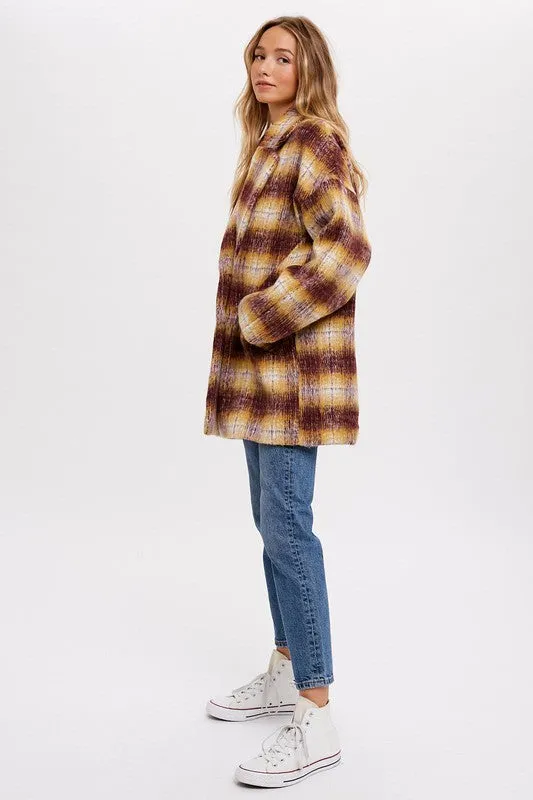 Mustard/Plum  Double Breasted Brushed Plaid Coat