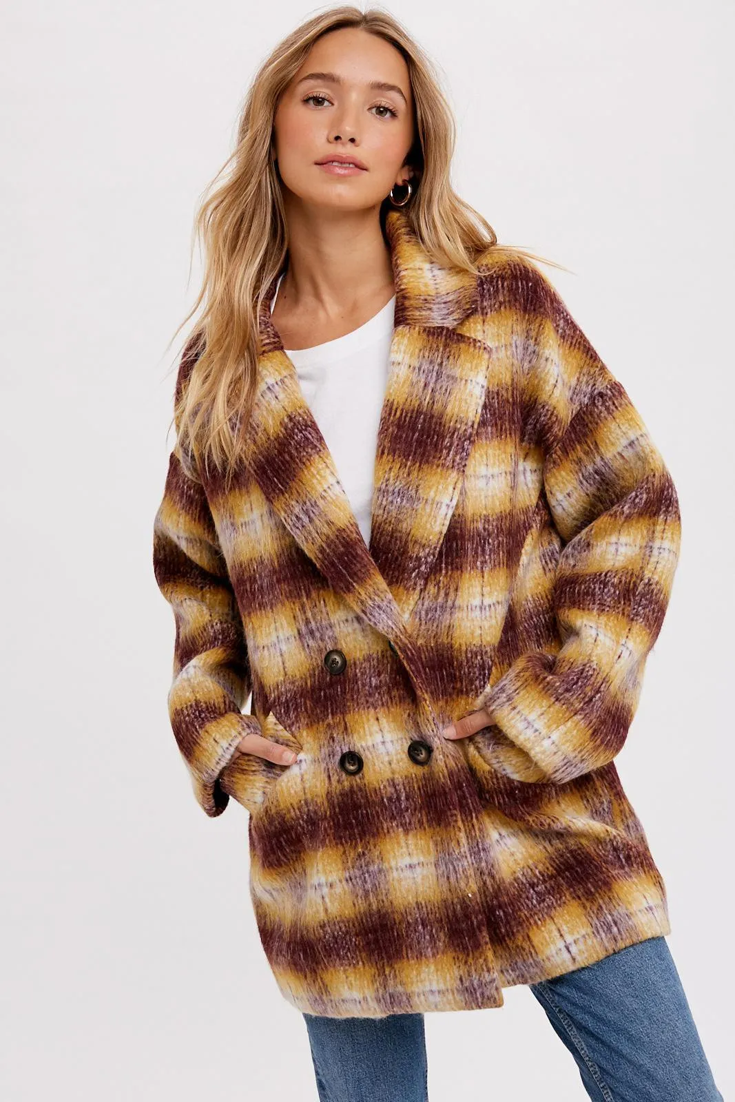 Mustard/Plum  Double Breasted Brushed Plaid Coat