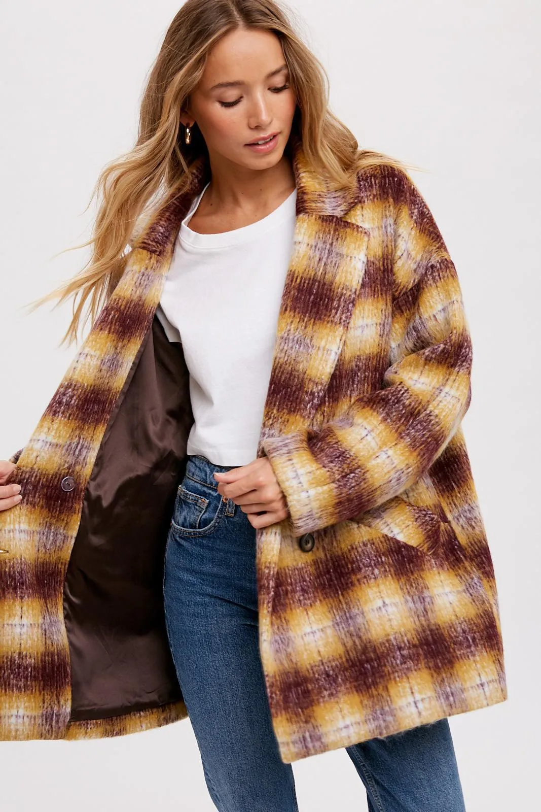 Mustard/Plum  Double Breasted Brushed Plaid Coat