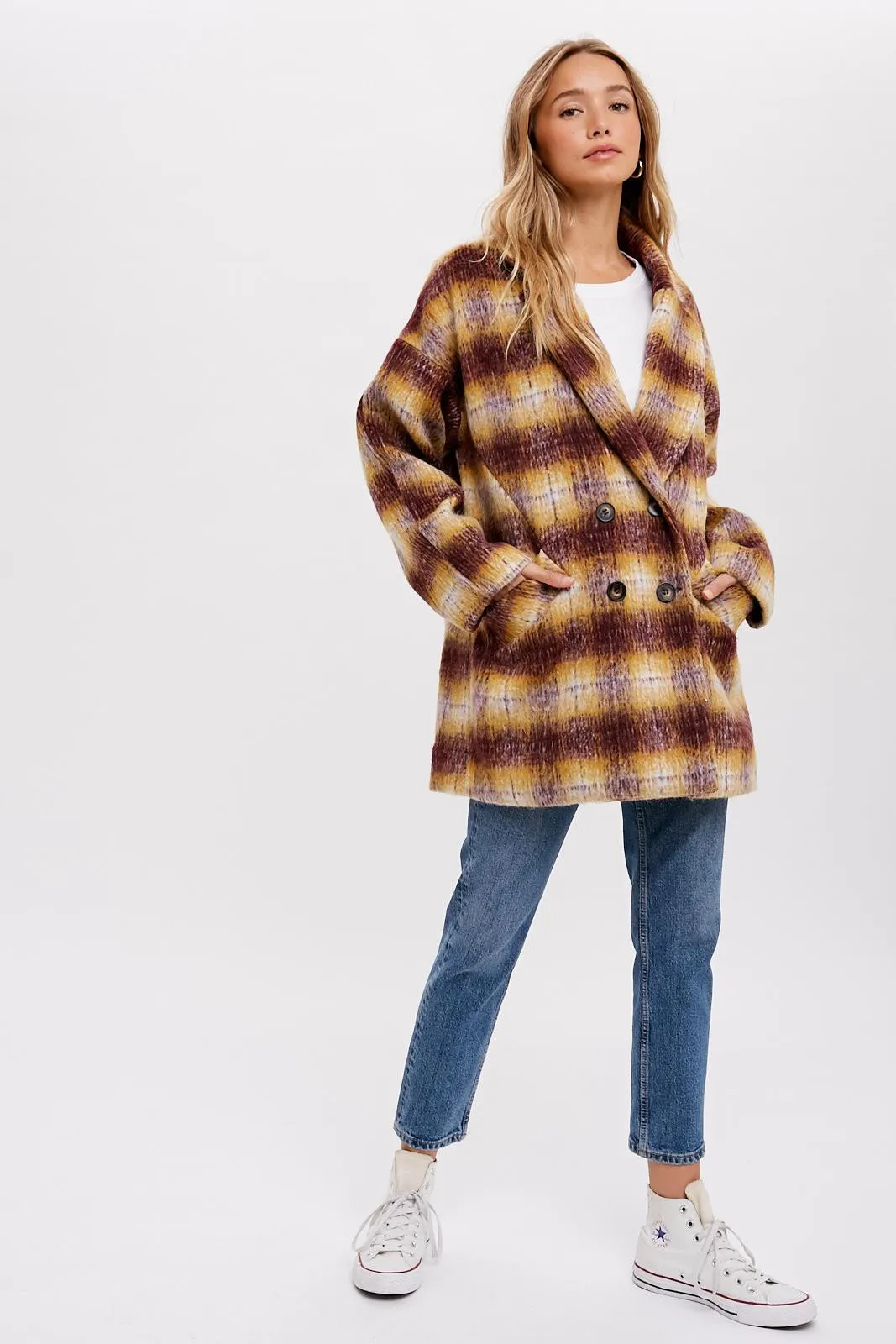 Mustard/Plum  Double Breasted Brushed Plaid Coat