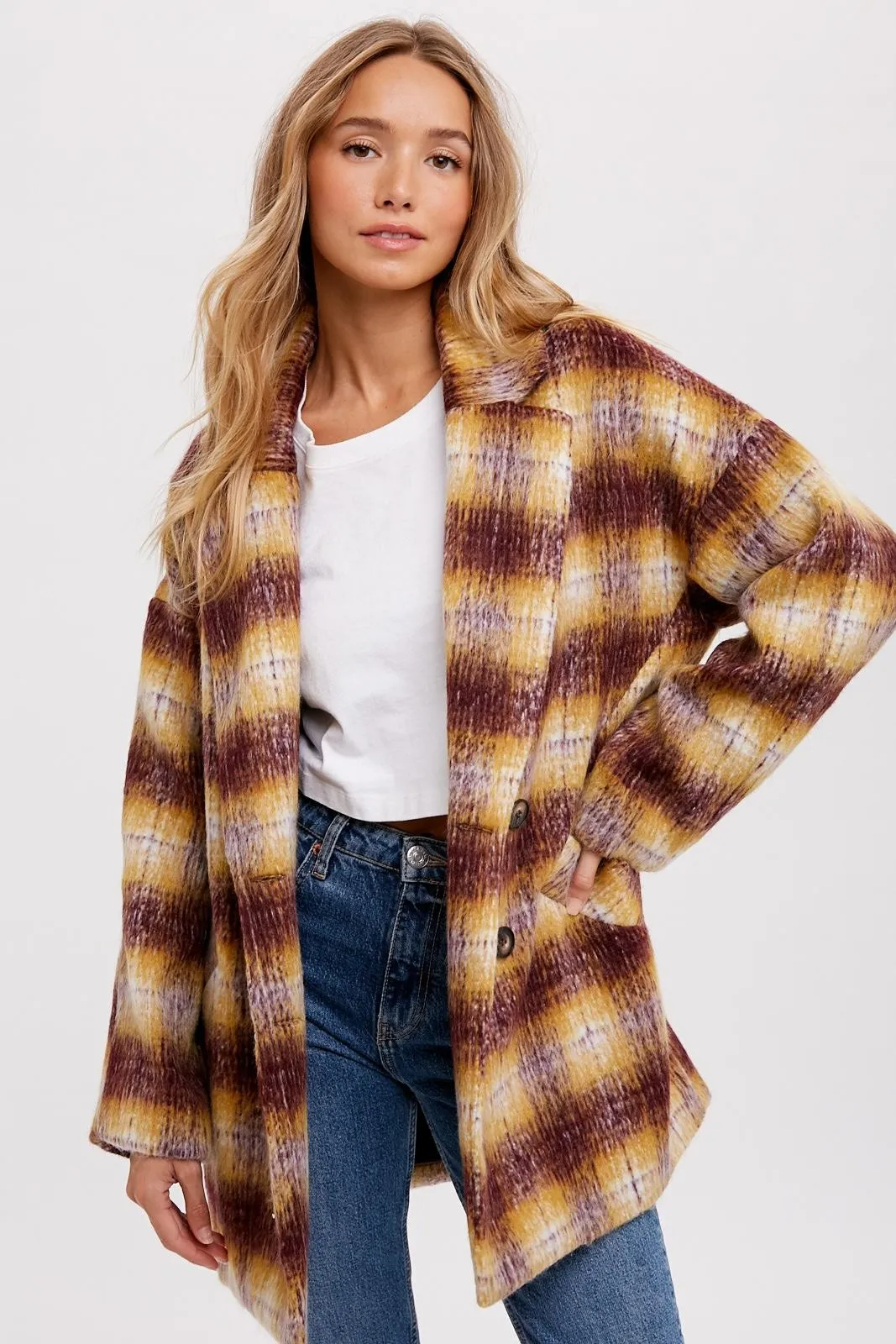 Mustard/Plum  Double Breasted Brushed Plaid Coat