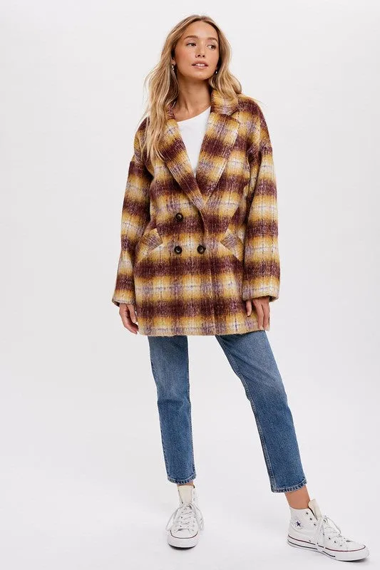 Mustard/Plum  Double Breasted Brushed Plaid Coat